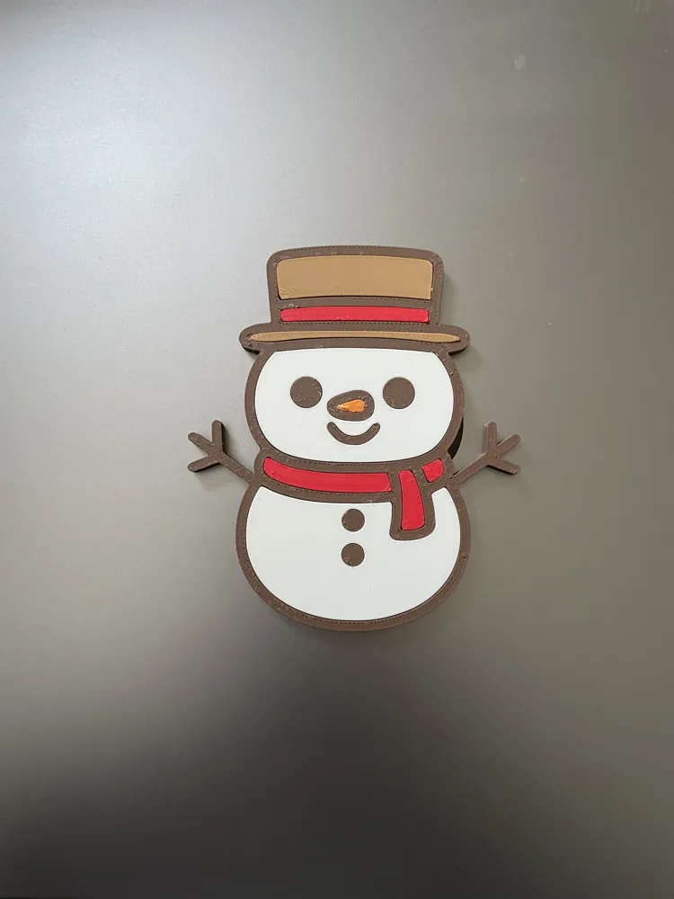 Snowman fridge magnet on a refrigerator door