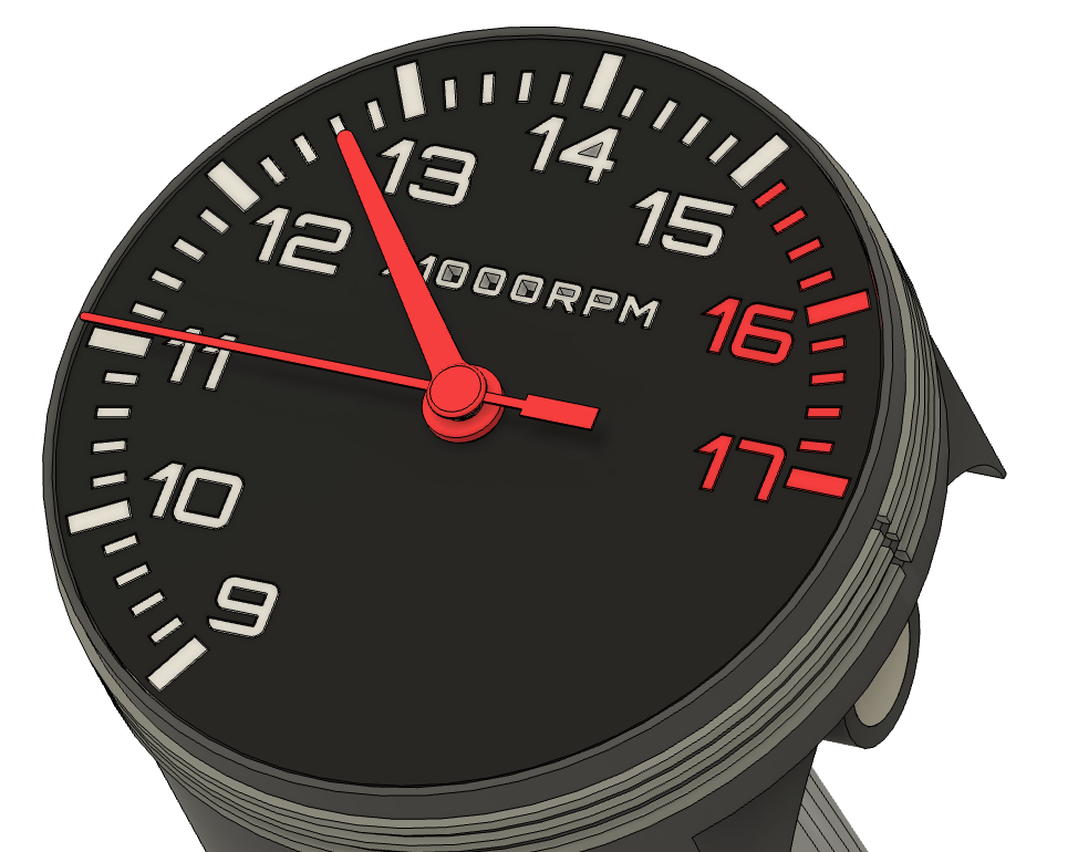 Close-up of tachometer dial: black face, 9-17 scale, red zone at 16-17, two red hands, x1000 RPM