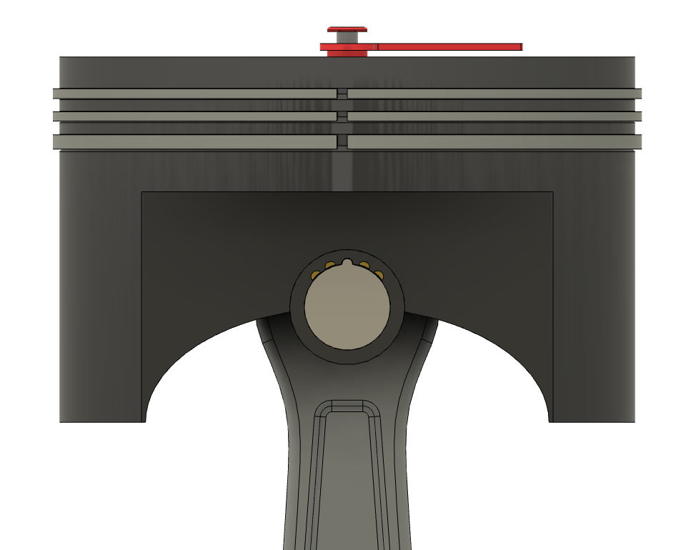 Side profile of piston and rod with red clock hand on top