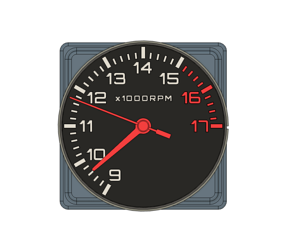 Tachometer dial in square beveled housing, 9-17 scale and red hands
